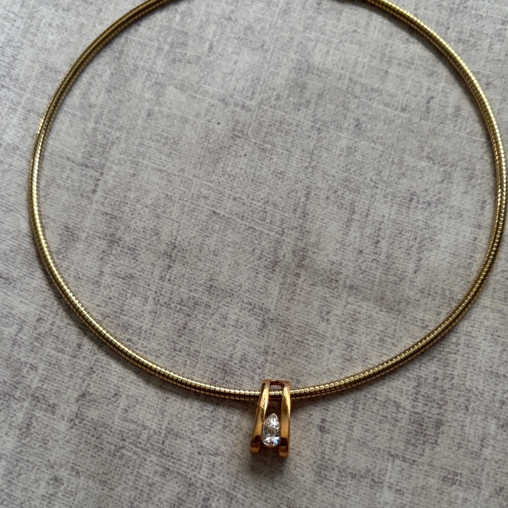 Elegant Gold Tone Necklace with Crystal Pendant by Avon. Vintage perfect CZ.